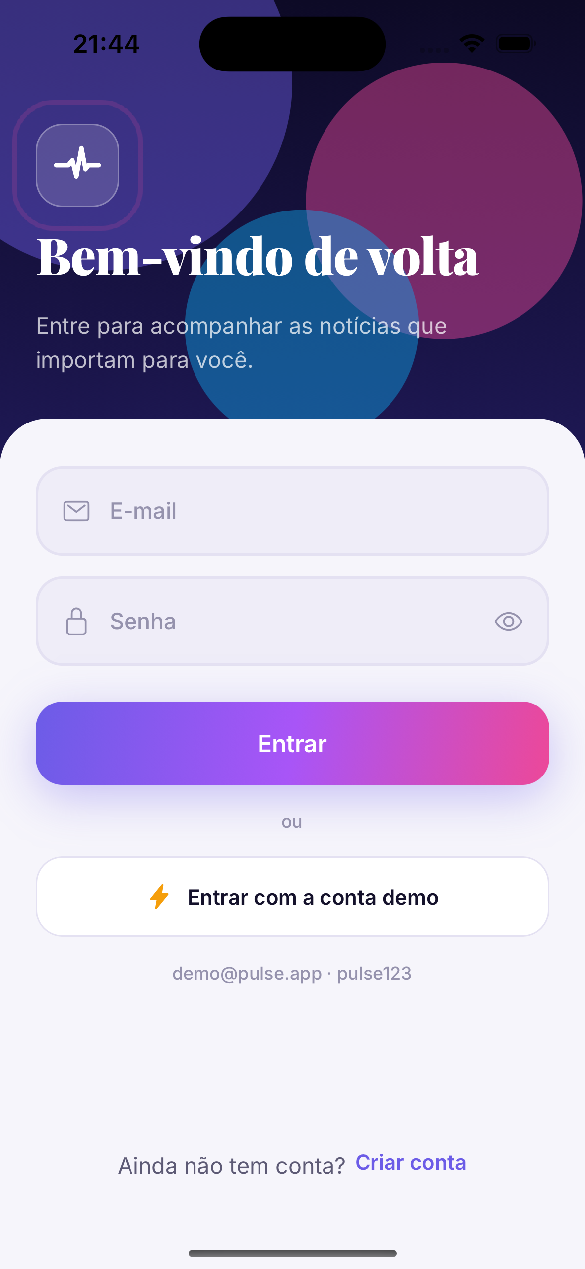 News App — tela de login